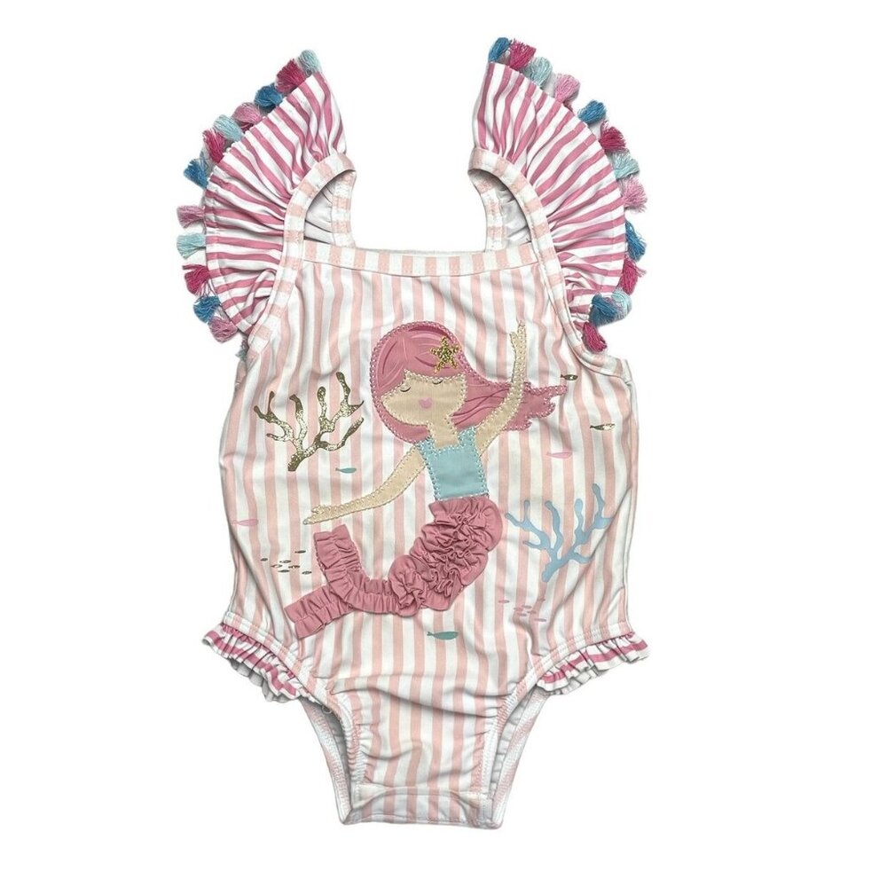 Mud Pie Mermaid Tassel Swimsuit Pink White 9-12 Mons
